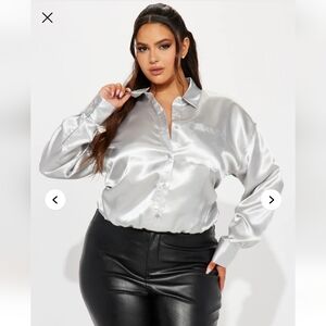 Fashion Nova Silver Satin Button Down Shirt